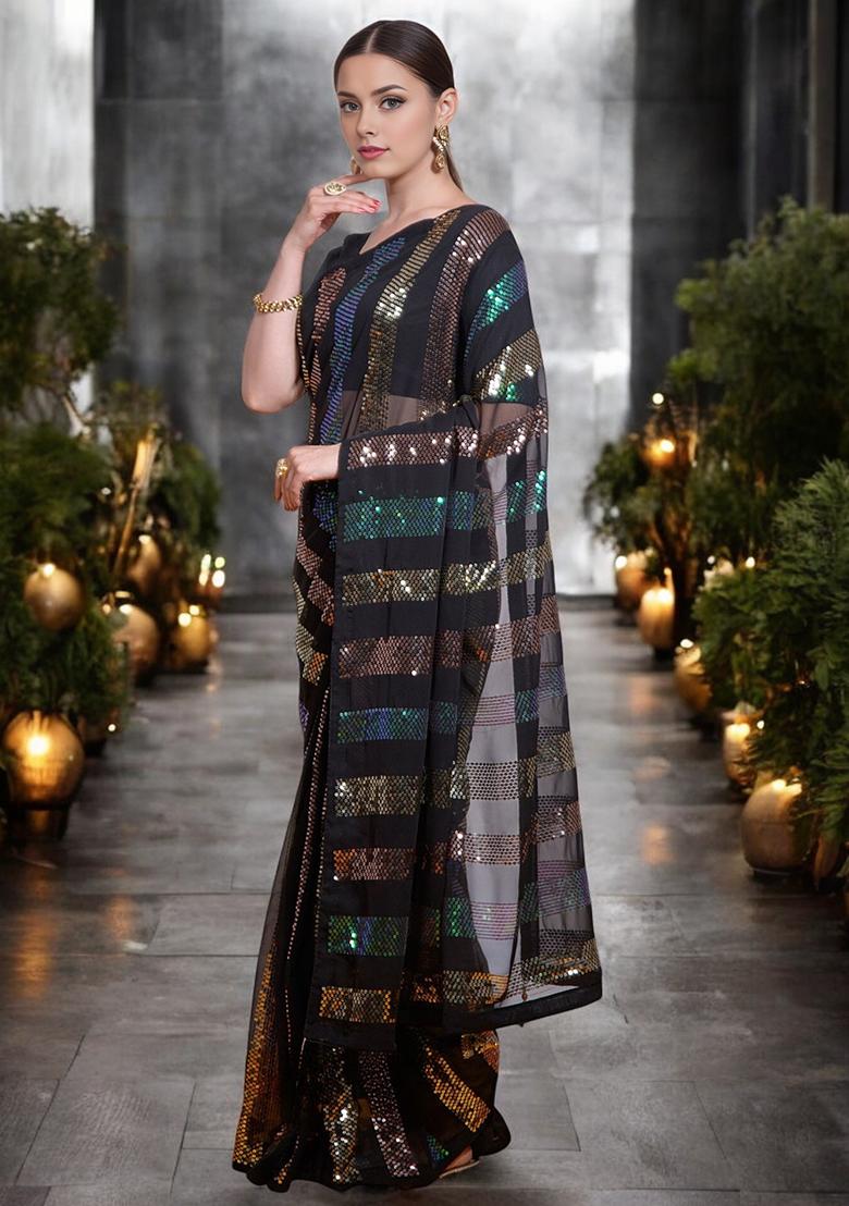 Black Sequinned Georgette Saree Set