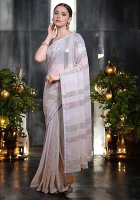 Grey Sequinned Georgette Saree Set