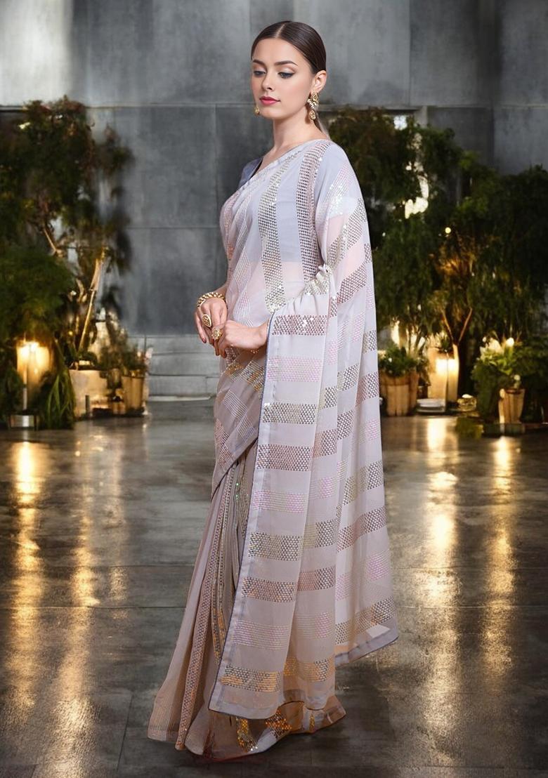 Grey Sequinned Georgette Saree Set
