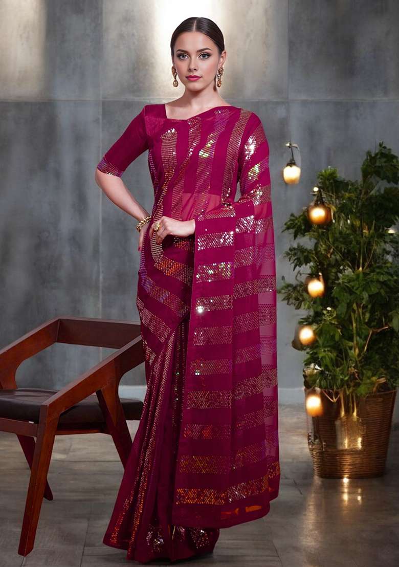 Magenta Sequinned Georgette Saree Set - Indya