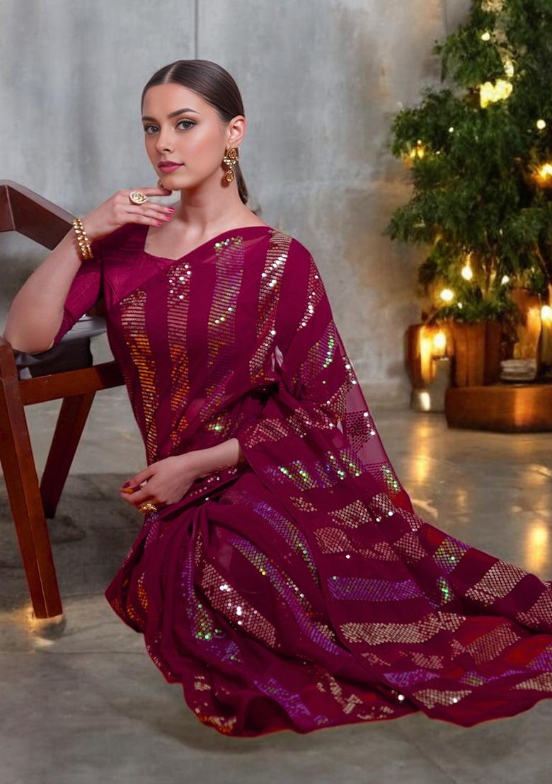 Magenta Sequinned Georgette Saree Set