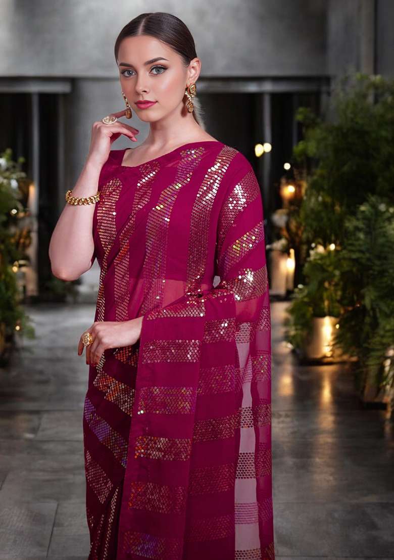 Magenta Sequinned Georgette Saree Set - Indya