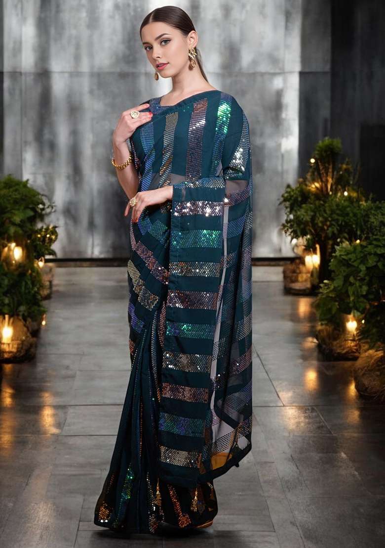 Teal Blue  Sequinned Georgette Saree Set - Indya