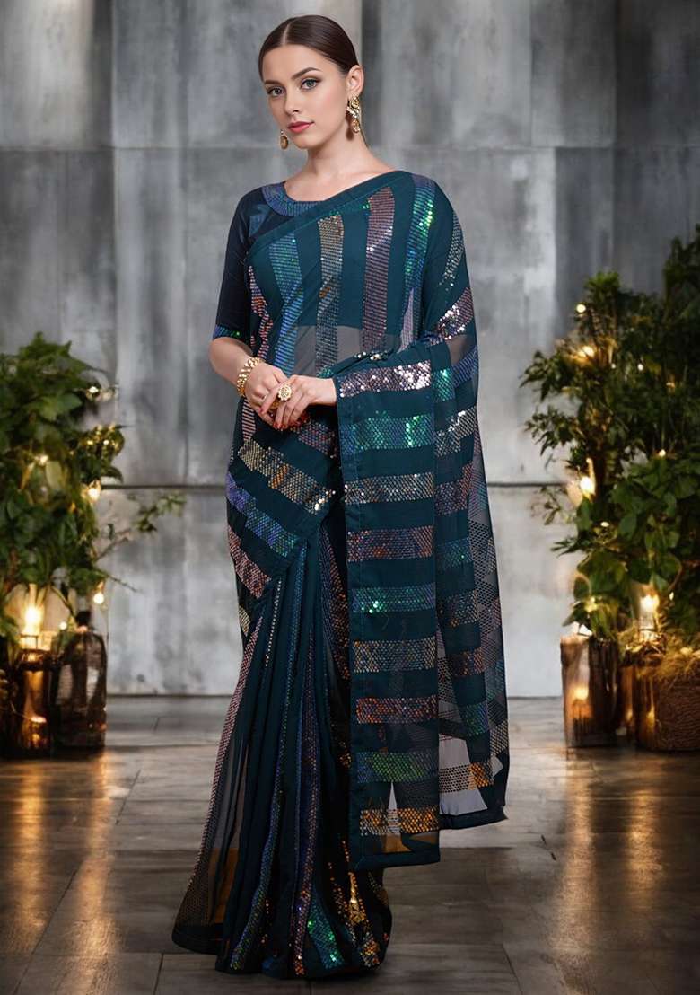 Teal Blue  Sequinned Georgette Saree Set - Indya