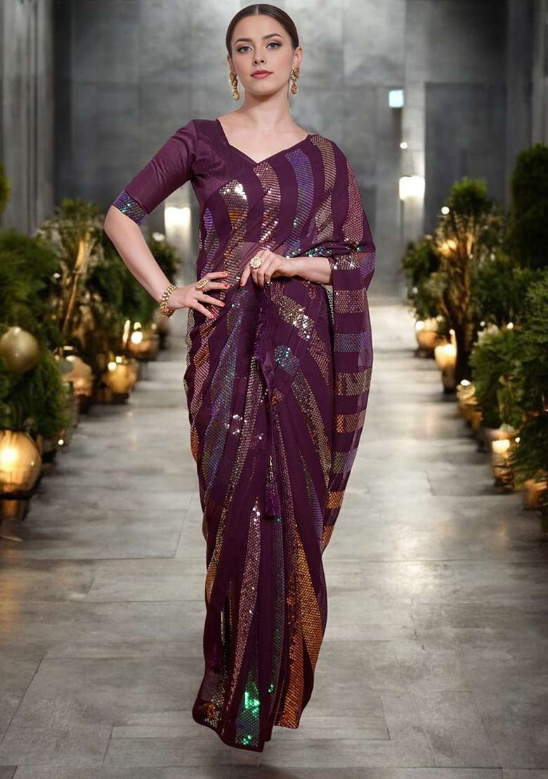 Wine Sequinned Georgette Saree Set - Indya