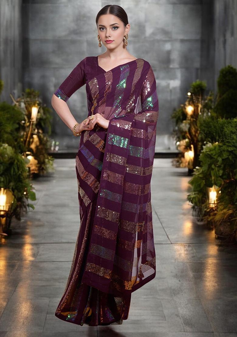 Wine Sequinned Georgette Saree Set