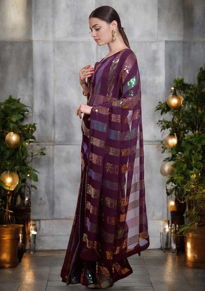 Wine Sequinned Georgette Saree Set - Indya