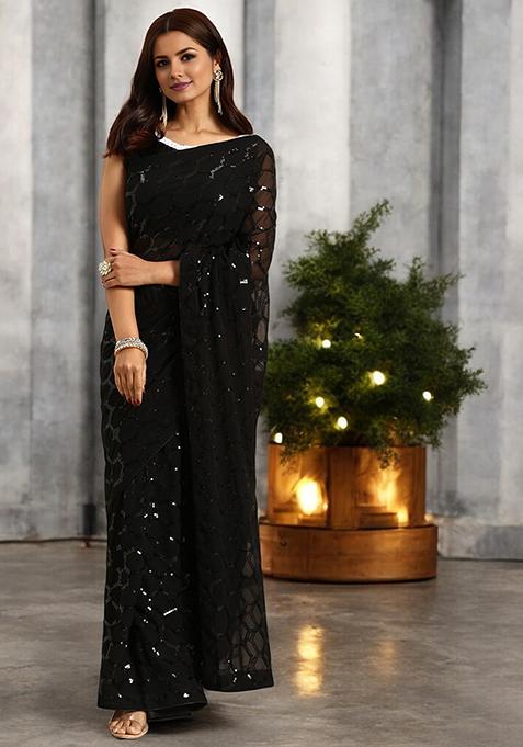 Black Sequinned Georgette Saree Set
