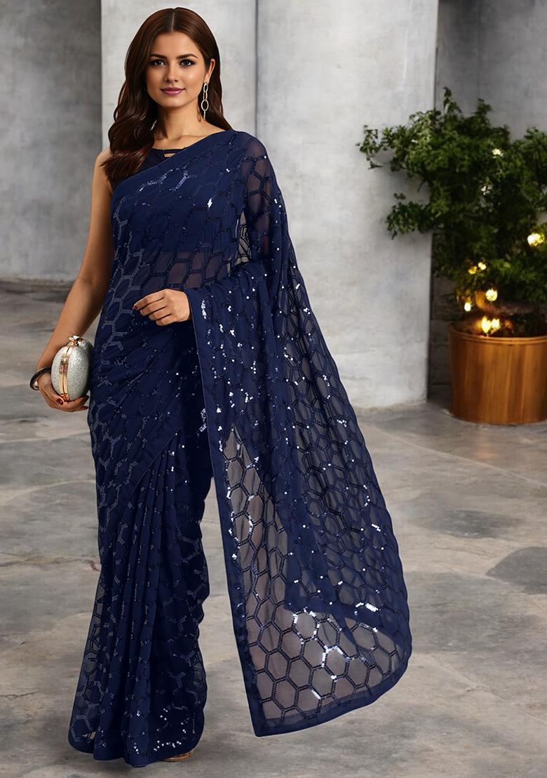 Blue Sequinned Georgette Saree Set