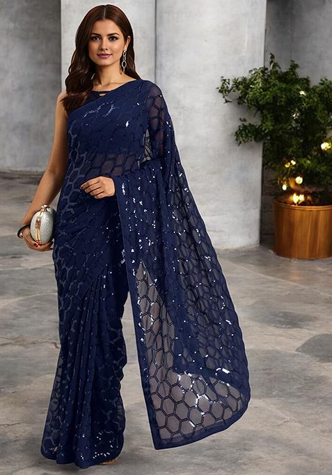 Blue Sequinned Georgette Saree Set