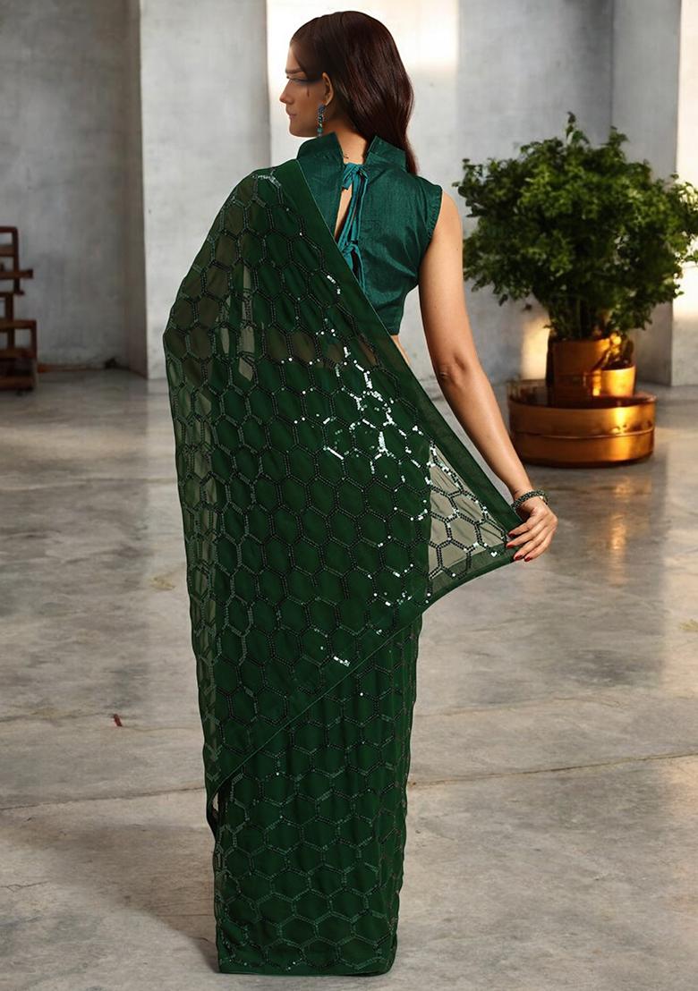 Green Sequinned Georgette Saree Set