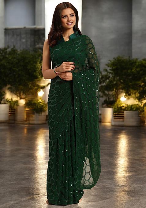 Green Sequinned Georgette Saree Set