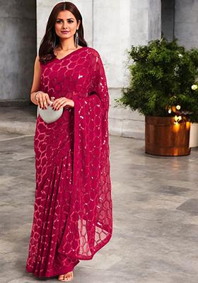 Magenta Sequinned Georgette Saree Set