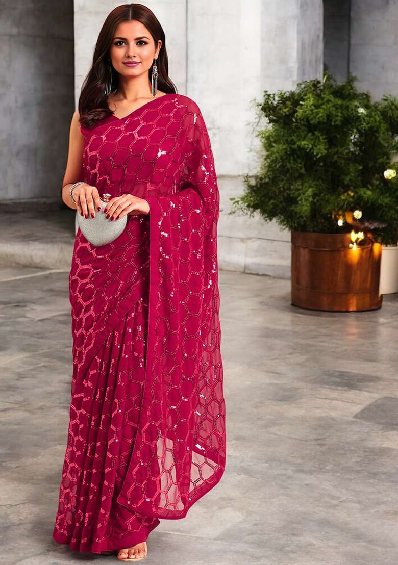 Magenta Sequinned Georgette Saree Set - Indya
