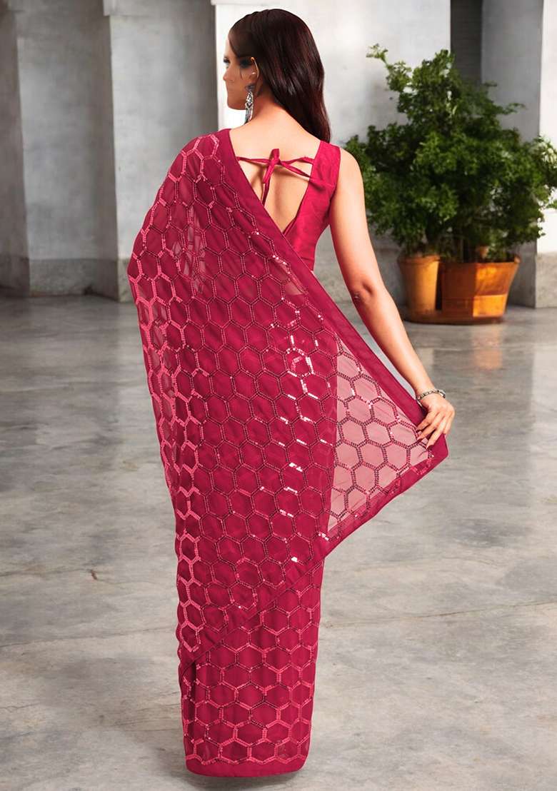 Magenta Sequinned Georgette Saree Set - Indya
