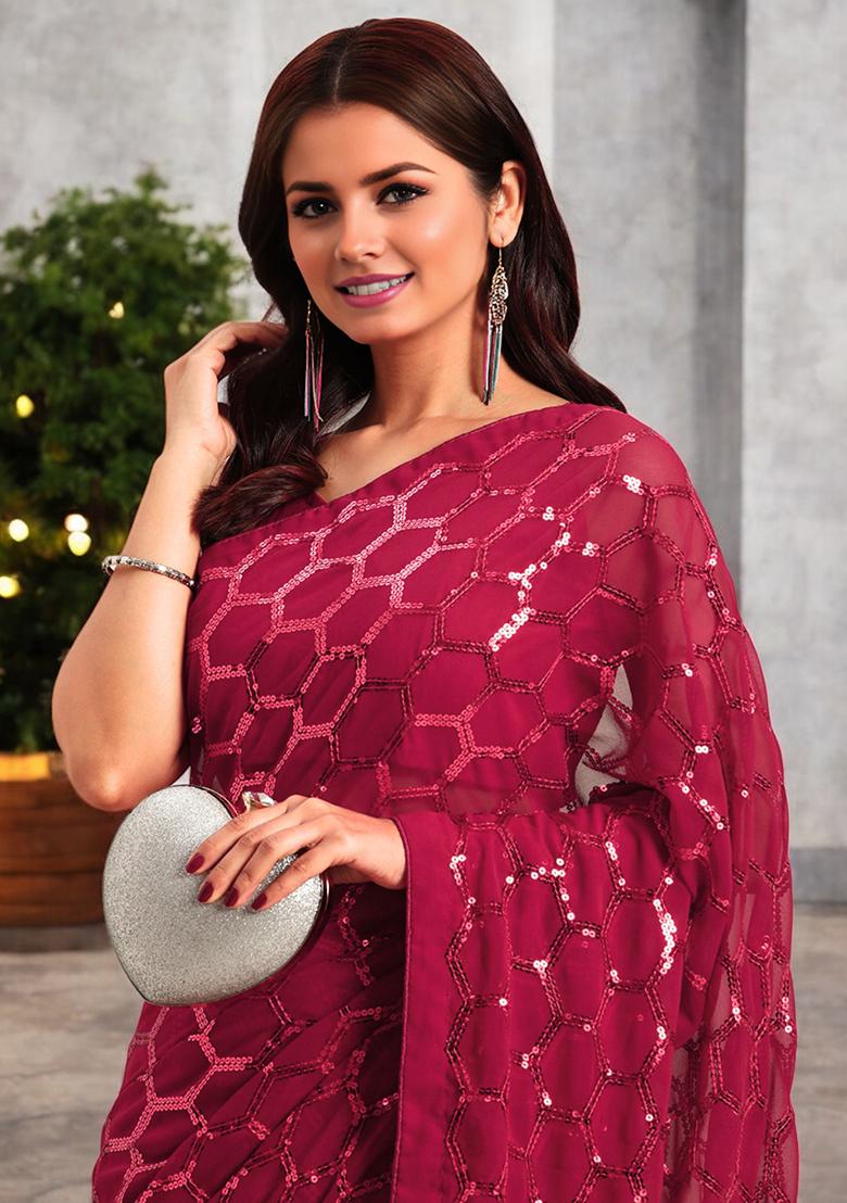 Magenta Sequinned Georgette Saree Set