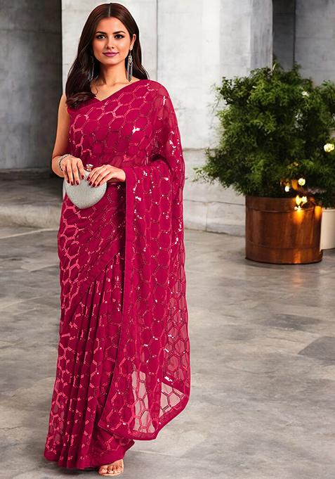Magenta Sequinned Georgette Saree Set