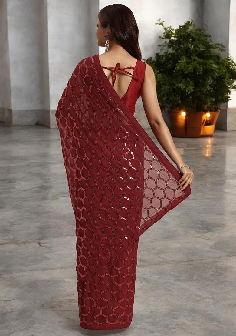 Maroon Sequinned Georgette Saree Set
