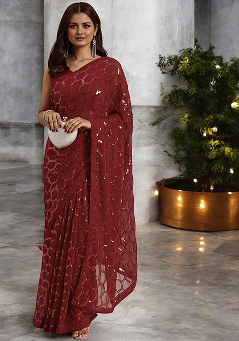 Maroon Sequinned Georgette Saree Set