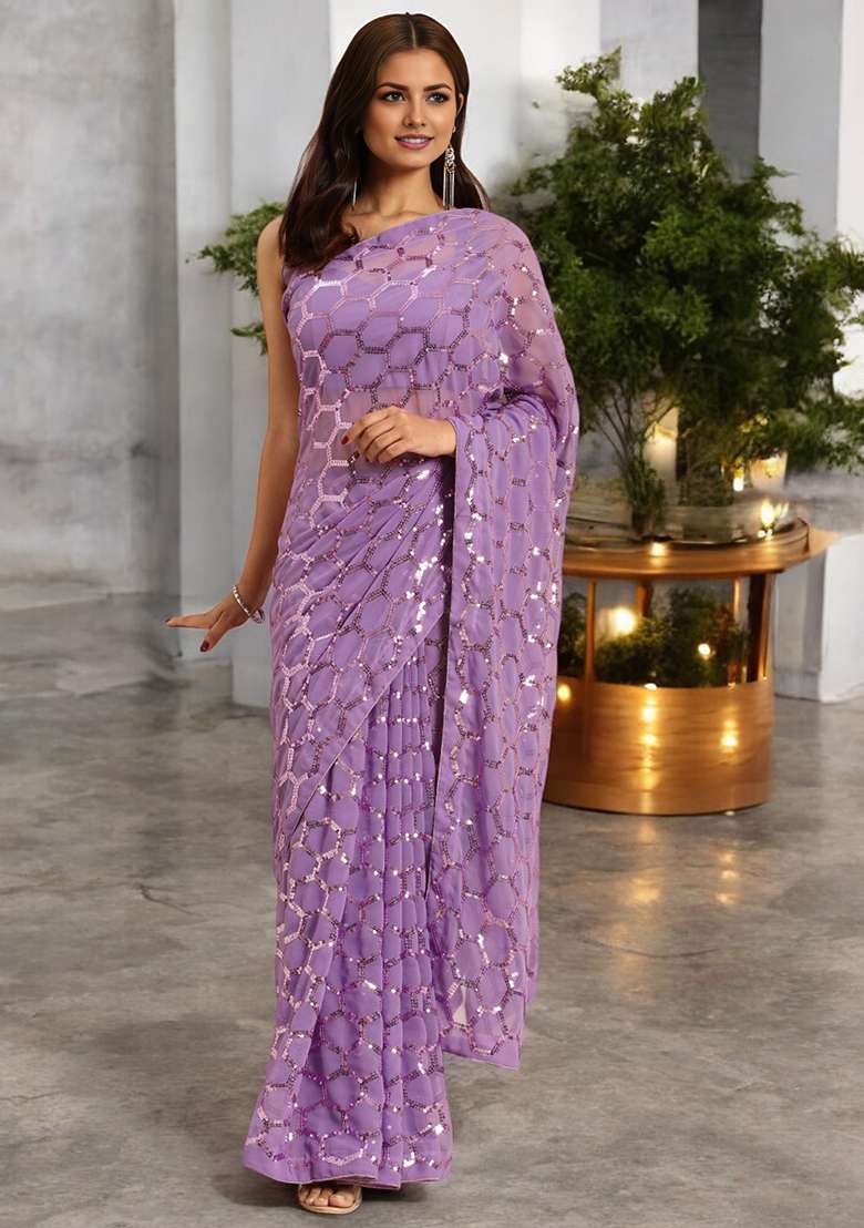 Onion Pink Sequinned Georgette Saree Set - Indya