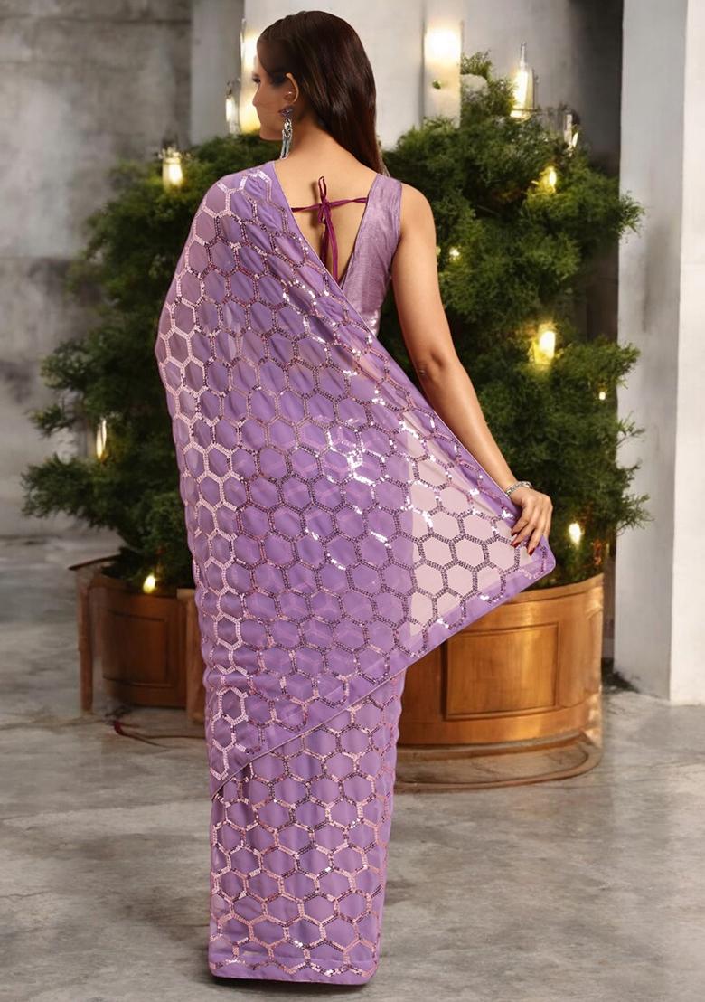 Onion Pink Sequinned Georgette Saree Set