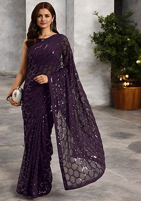 Wine Sequinned Georgette Saree Set