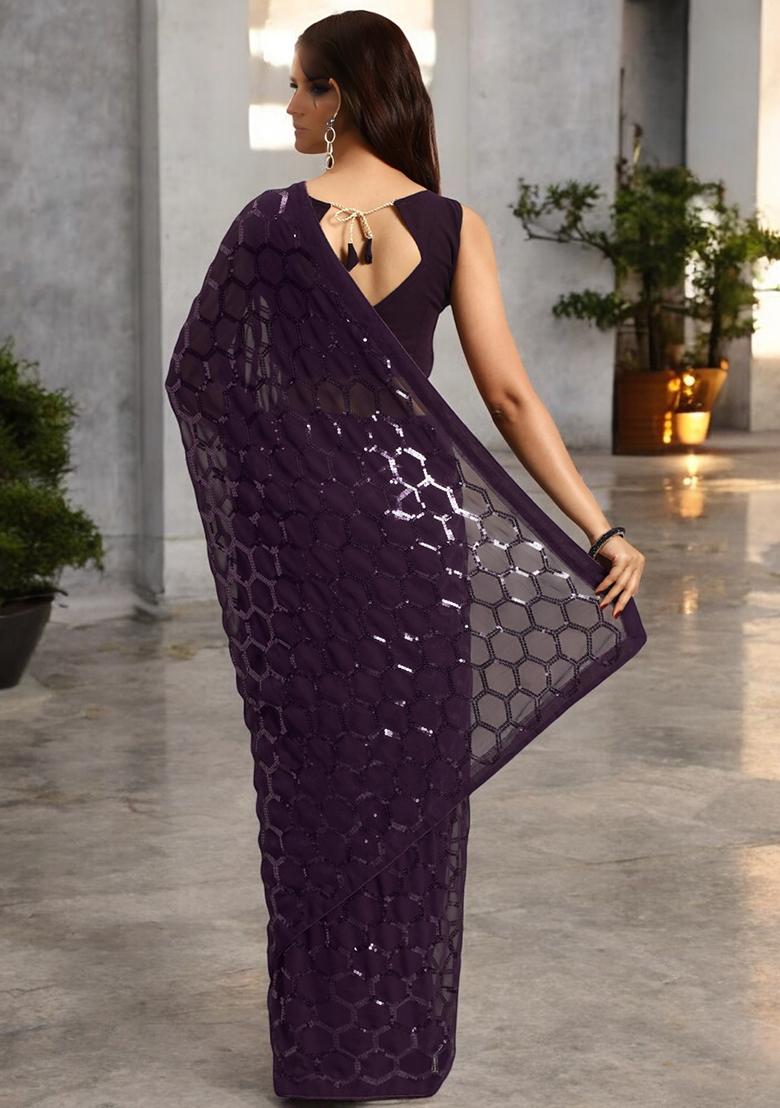 Wine Sequinned Georgette Saree Set
