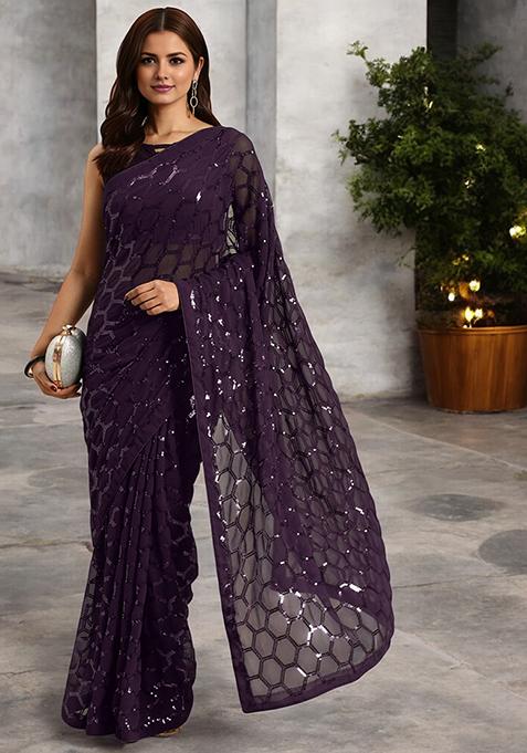 Wine Sequinned Georgette Saree Set