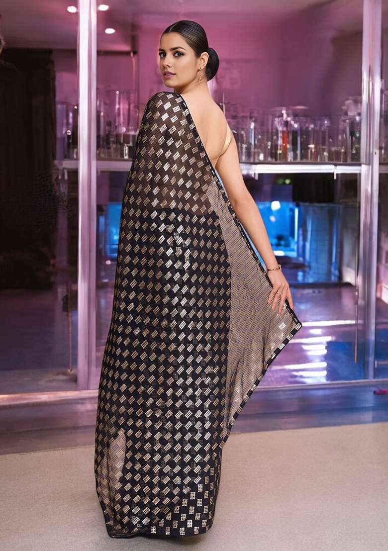 Black Georgette Saree Set with Sequinned for Diwali | Wedding & Festive Wear - Indya