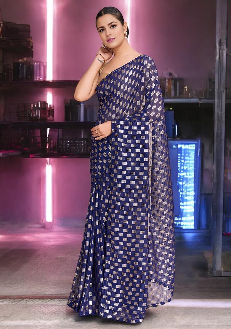 Blue Sequinned Georgette Saree Set