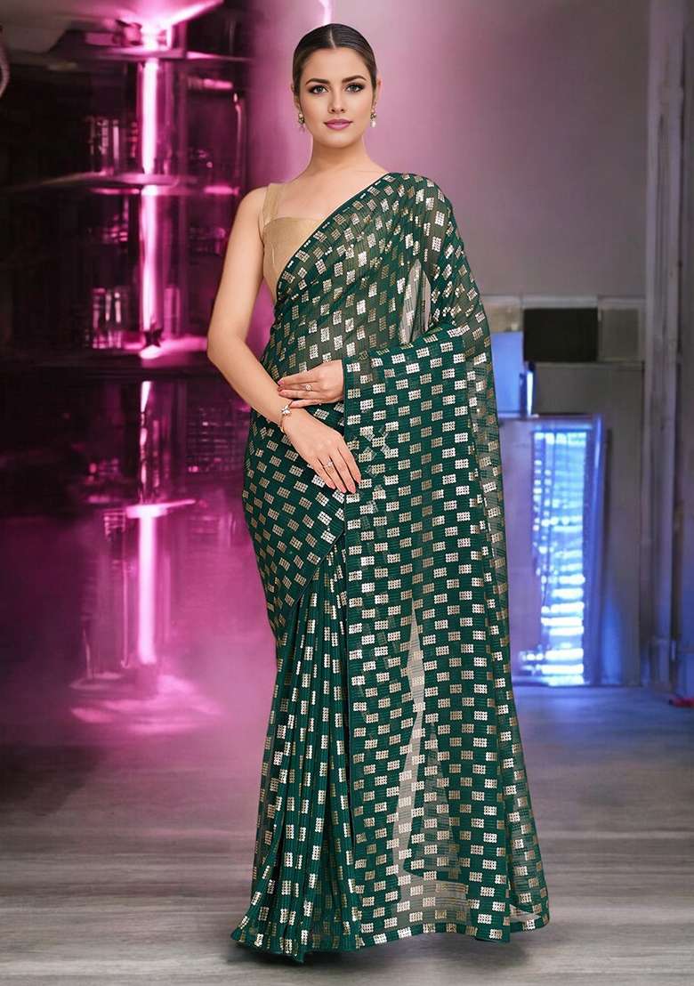 Green Georgette Saree Set with Sequinned for Diwali | Wedding & Festive Wear - Indya