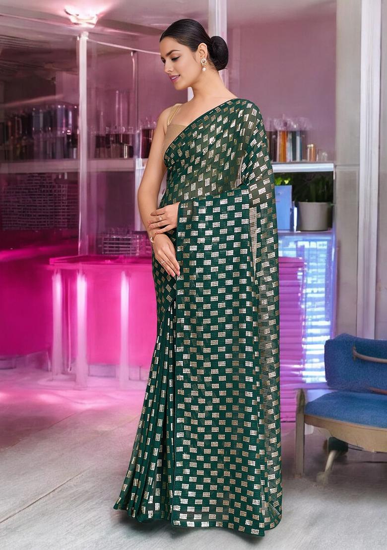 Green Sequinned Georgette Saree Set