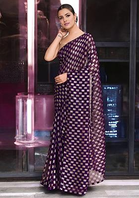 Wine Sequinned Georgette Saree Set
