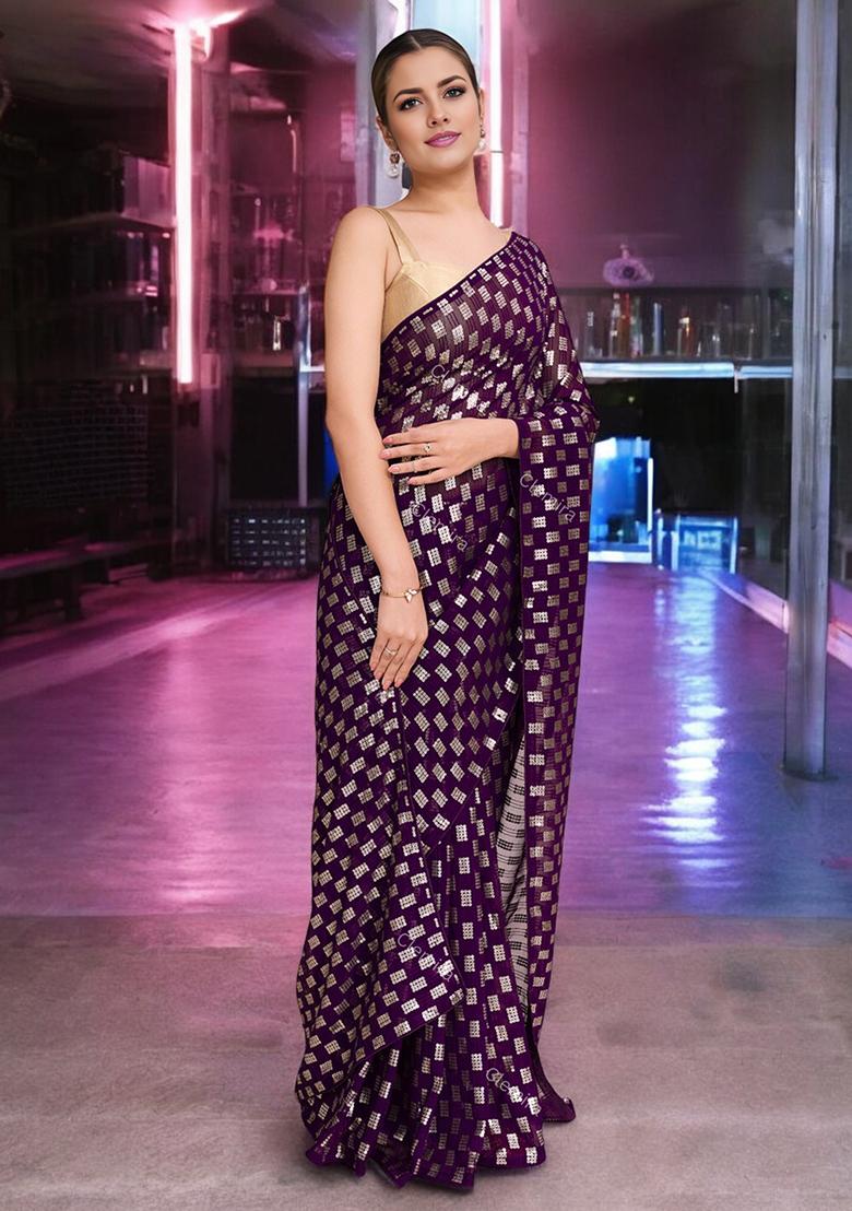 Wine Sequinned Georgette Saree Set