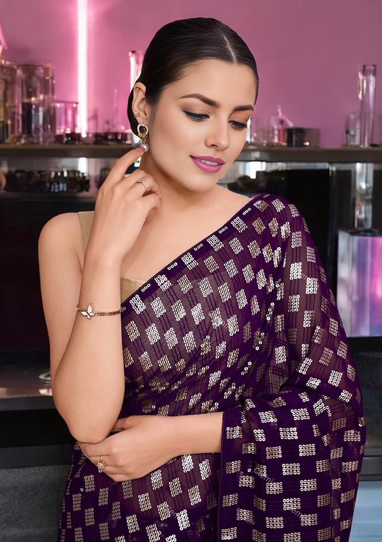 Wine Sequinned Georgette Saree Set