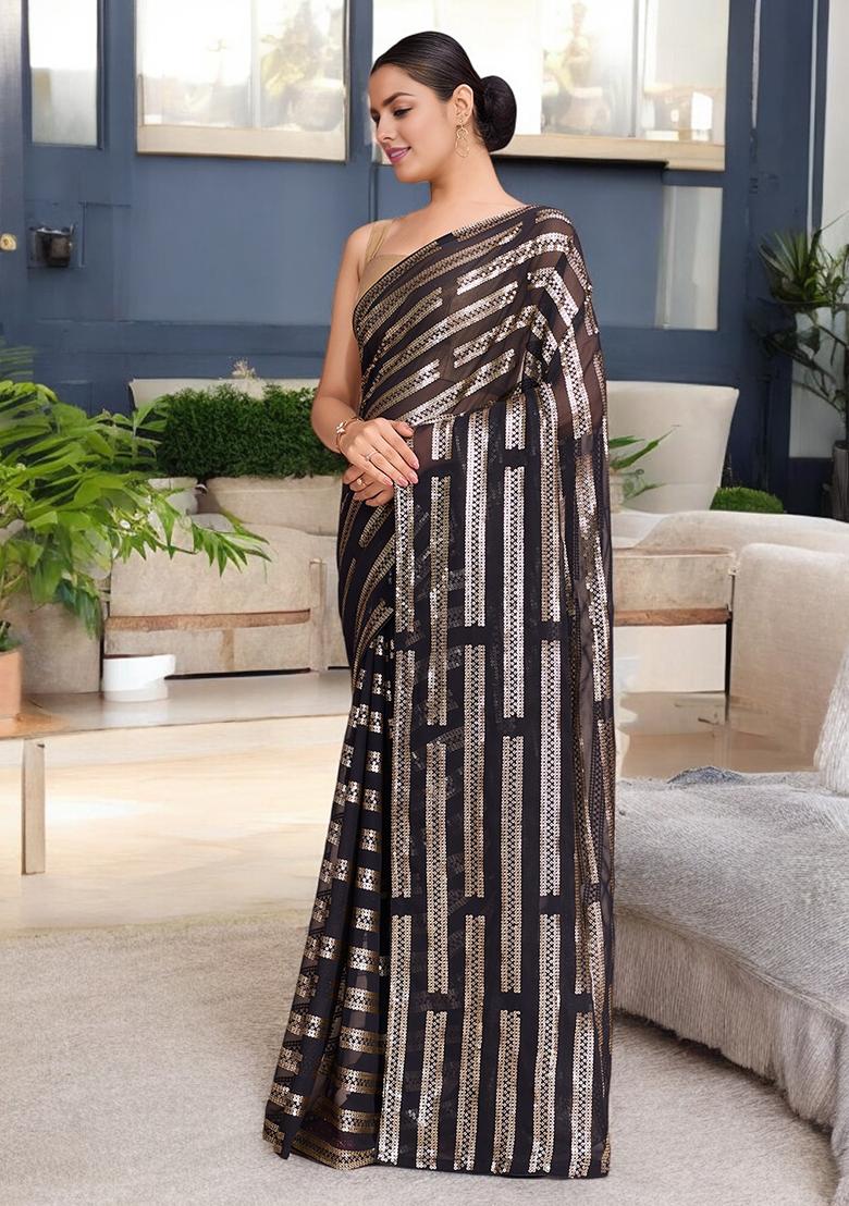 Black Sequinned Georgette Saree Set