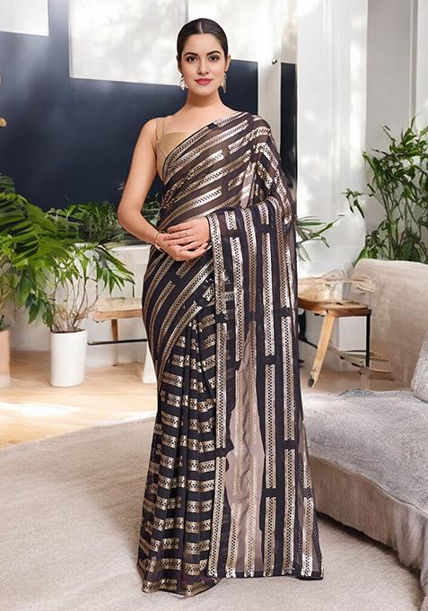 Black Sequinned Georgette Saree Set