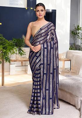 Blue Sequinned Georgette Saree Set