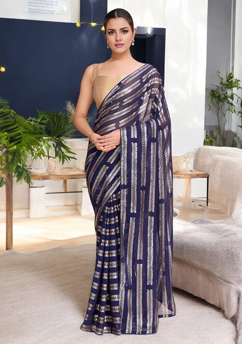 Blue Sequinned Georgette Saree Set