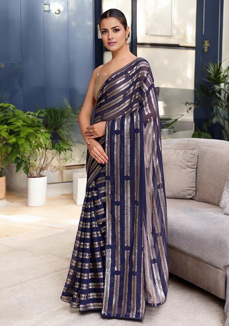 Blue Sequinned Georgette Saree Set