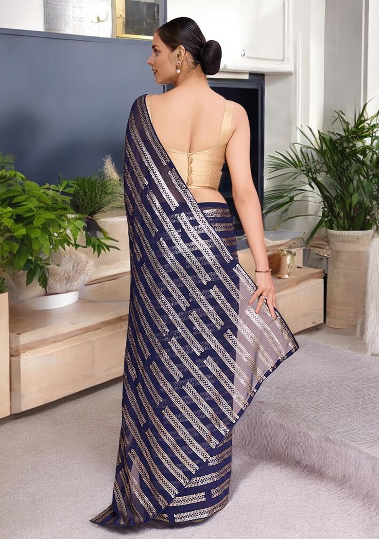 Blue Sequinned Georgette Saree Set