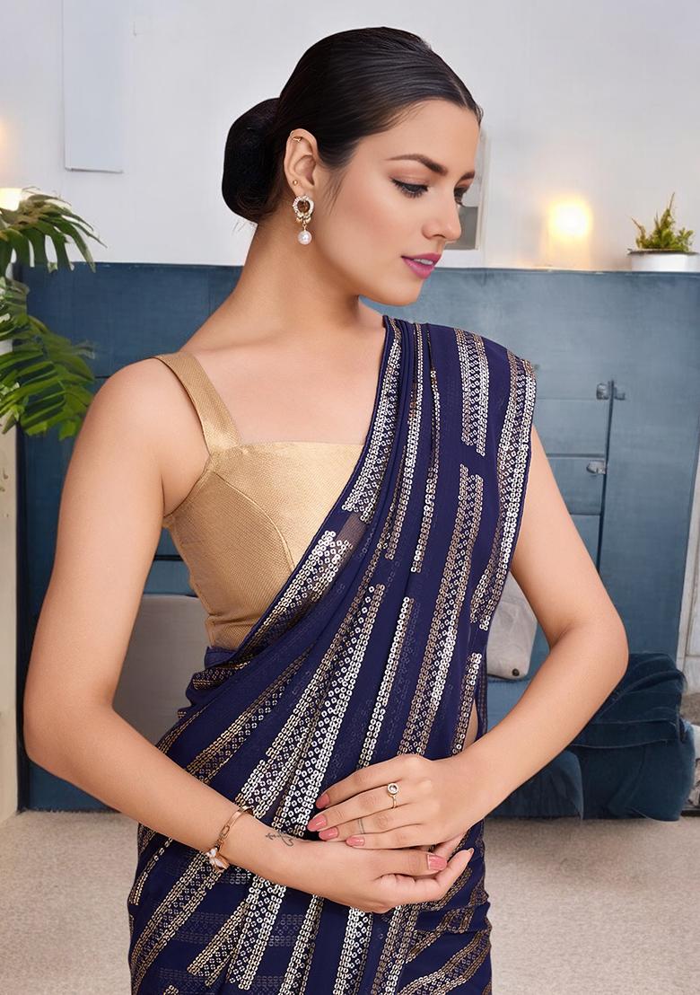 Blue Sequinned Georgette Saree Set