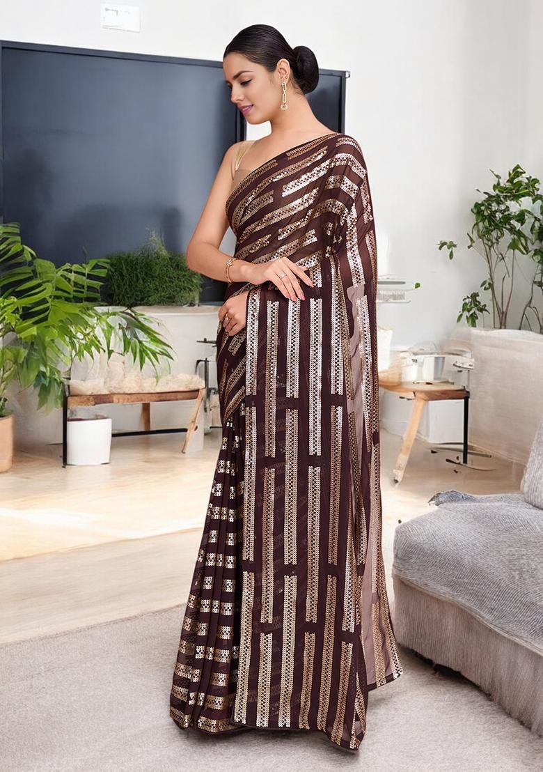 Coffee Brown Sequinned Georgette Saree Set