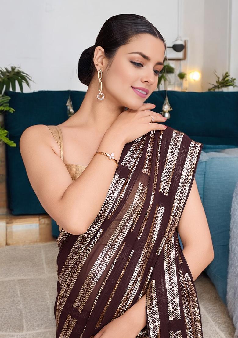 Coffee Brown Sequinned Georgette Saree Set