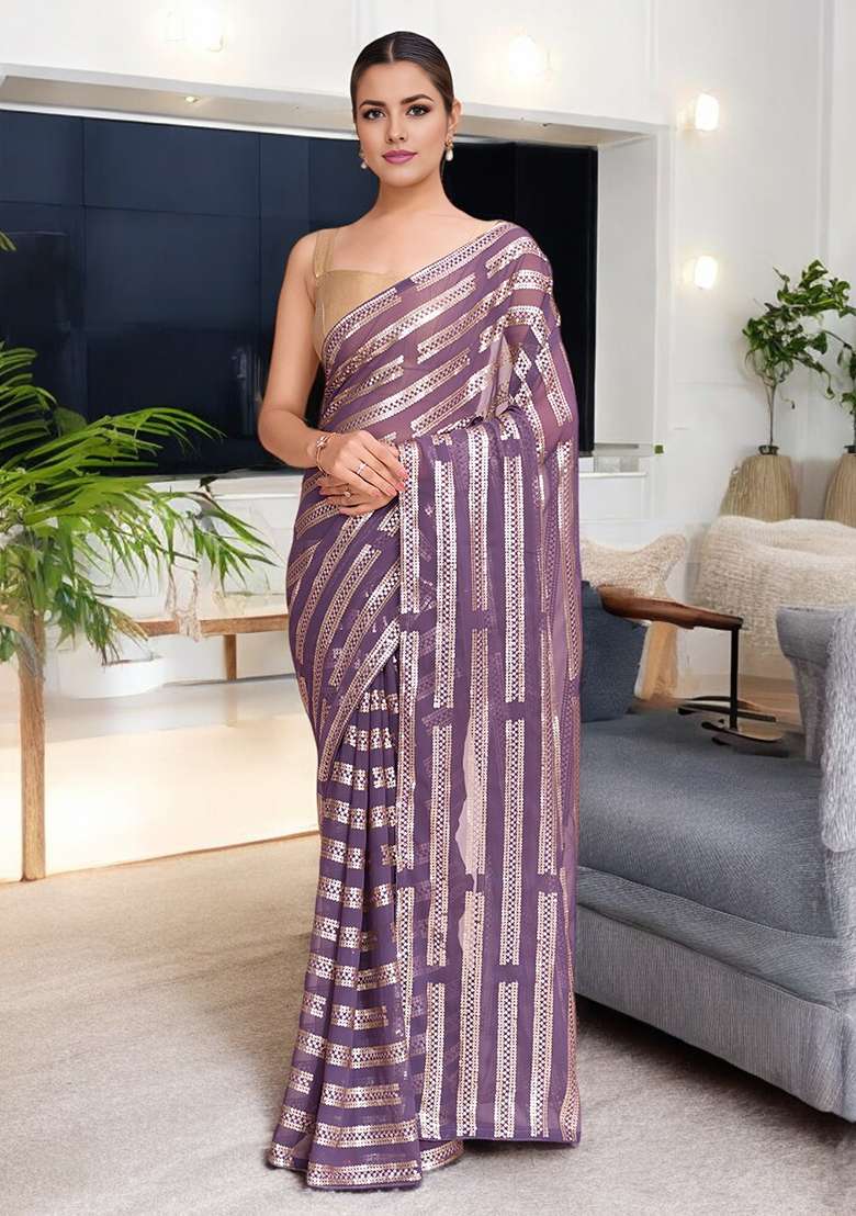Onion Pink Sequinned Georgette Saree Set - Indya