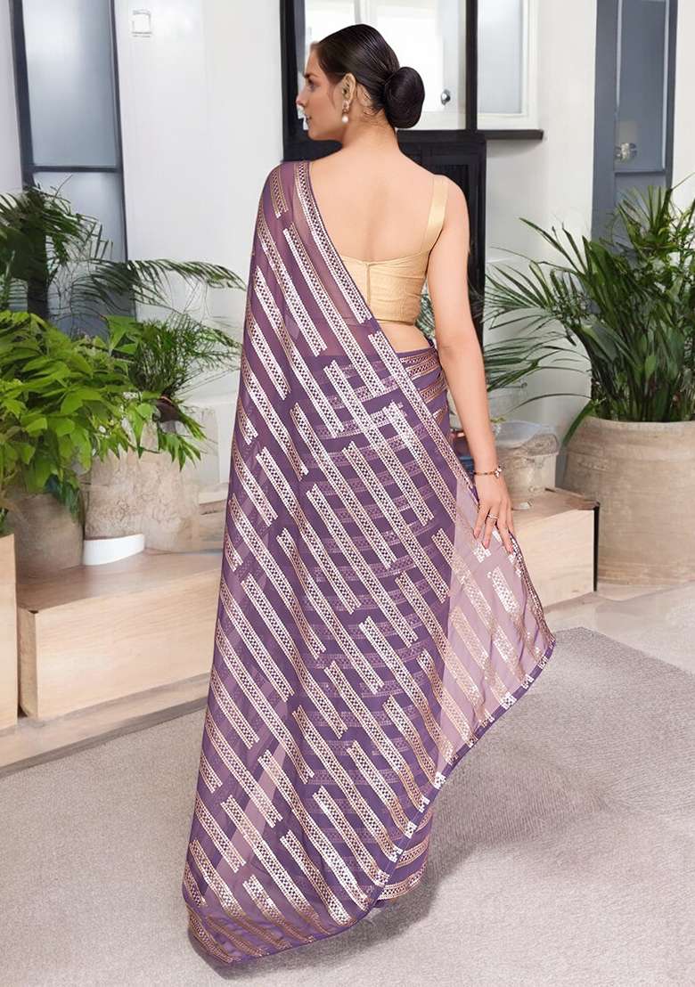 Onion Pink Sequinned Georgette Saree Set - Indya