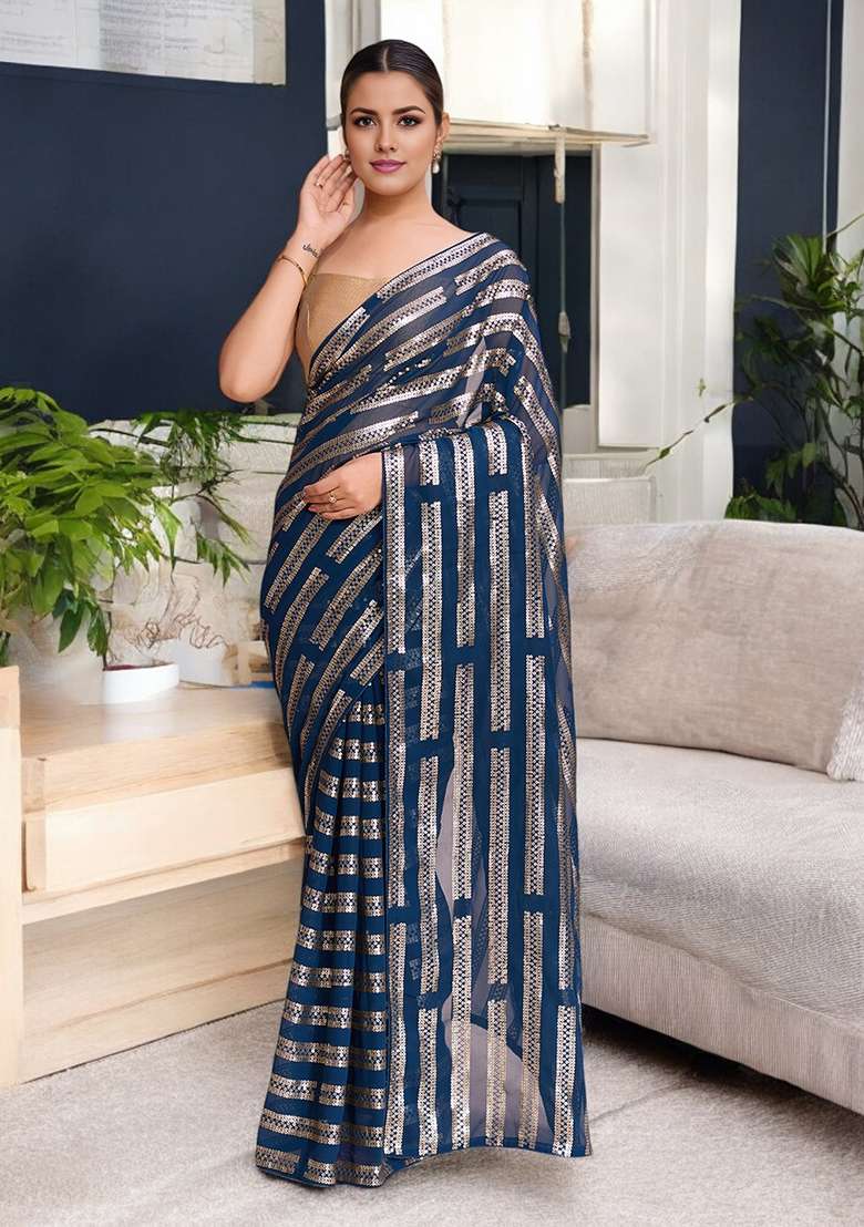 Teal Blue  Sequinned Georgette Saree Set - Indya