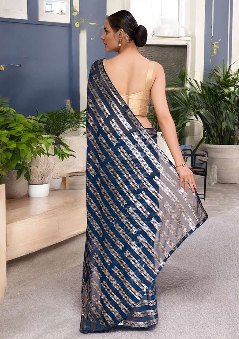 Teal Blue  Sequinned Georgette Saree Set - Indya