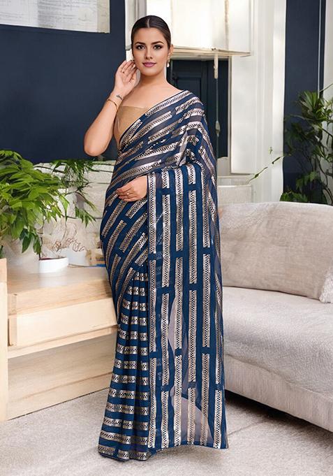 Teal Blue  Sequinned Georgette Saree Set