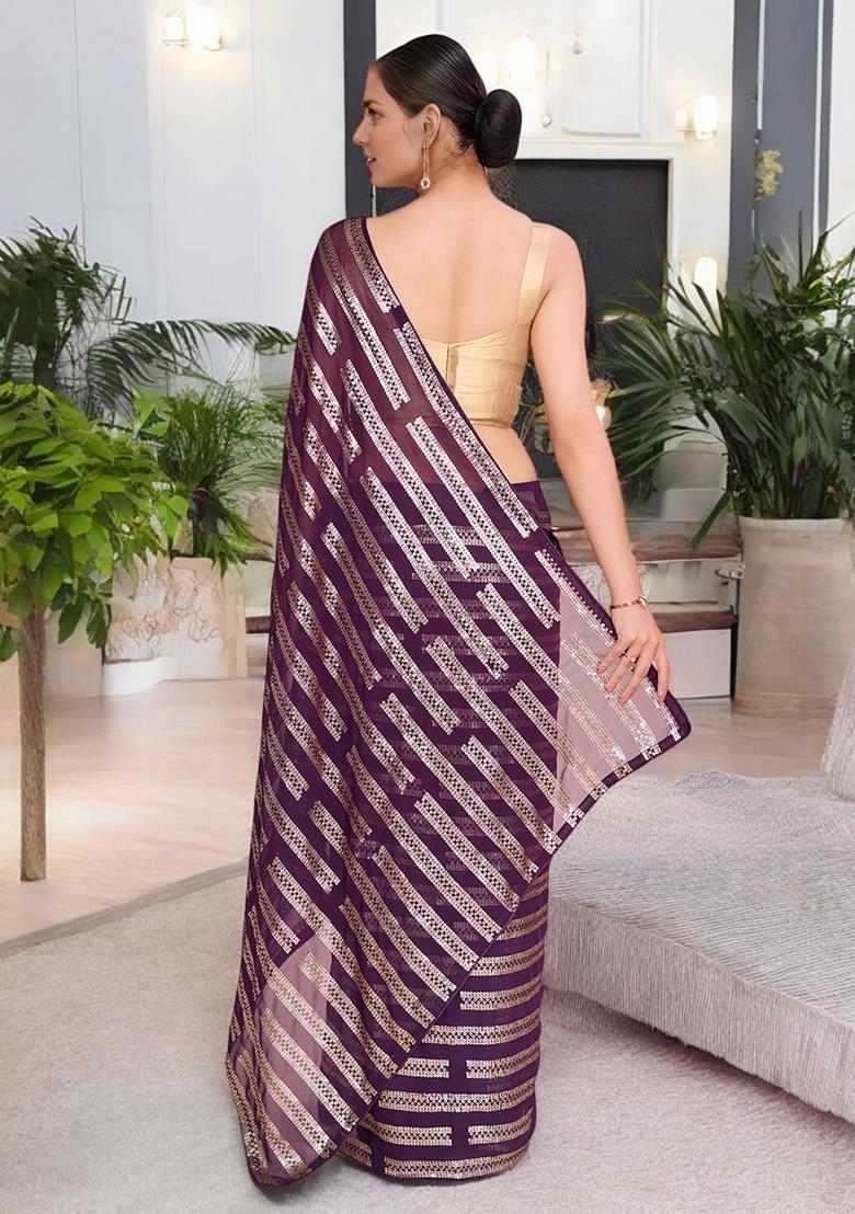 Wine Sequinned Georgette Saree Set